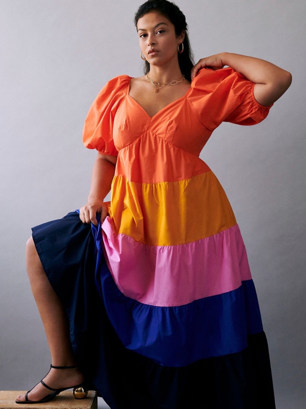 NEW FARM RIO Cotton Tiered RufflePuff Sleeves Colorblock Maxi Dress, Medium - Picture 2 of 16